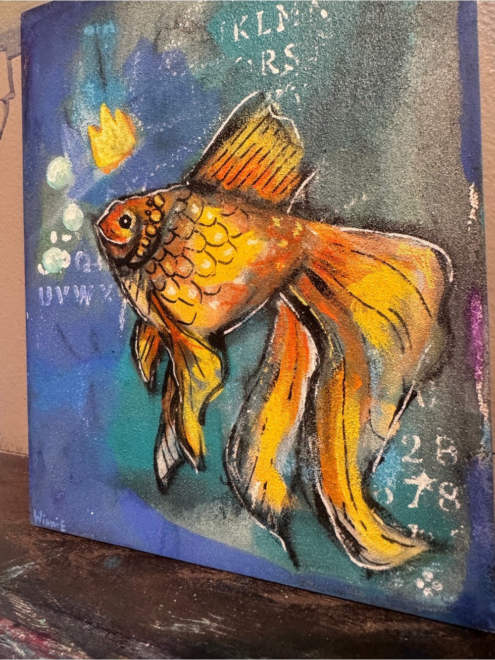 Original Mixed Media Fancy Goldfish Painting 8x10 Wood Canvas Art - Picture 4 of 6